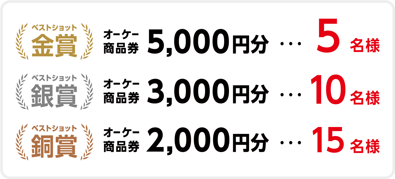 ベストショット金賞：オーケー商品券5,000円分・・・5名様｜ベストショット銀賞：オーケー商品券3,000円分・・・10名様｜ベストショット銅賞：オーケー商品券2,000円分・・・15名様
